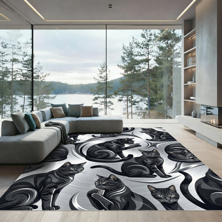 Sleek Black Cats Grooming Silver Swirls Rug