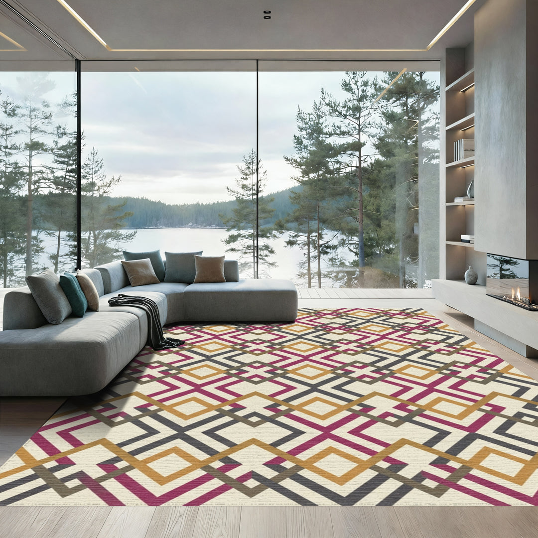 Crimson Gold Charcoal Interlocking Diamond Rug