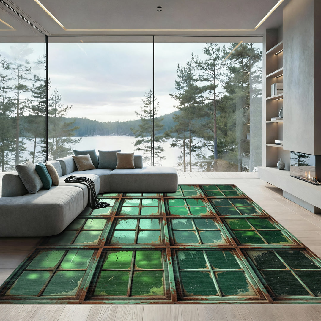 Rustic Green Grungy Paned Window Rug