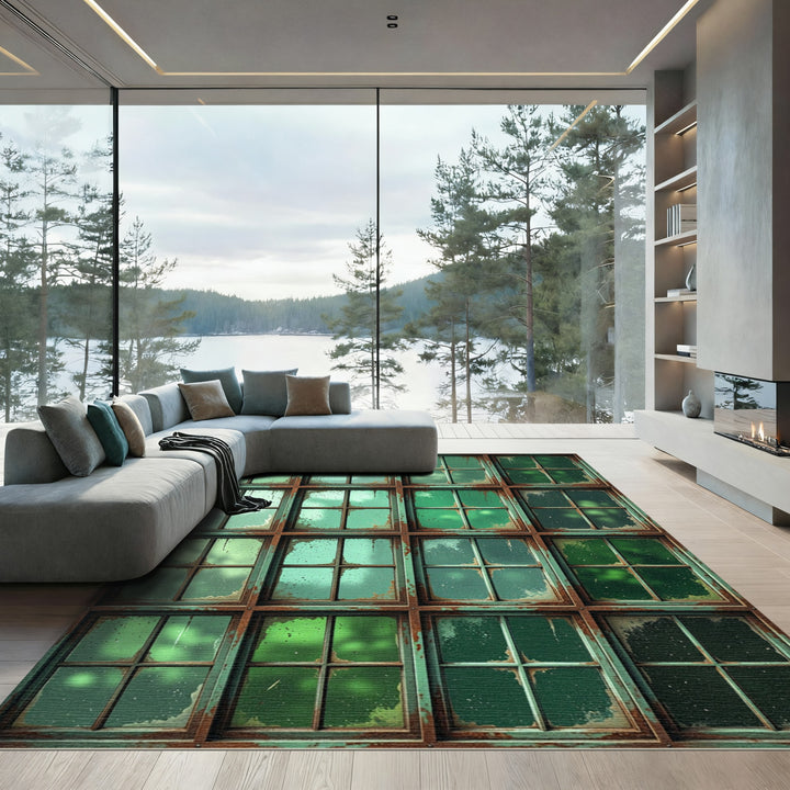 Rustic Green Grungy Paned Window Rug
