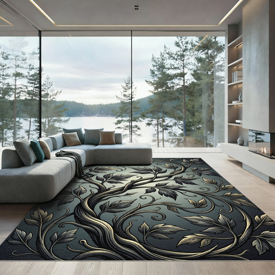 Dark Twisting Vine Foliage Rug