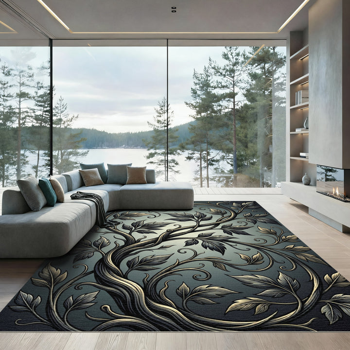 Dark Twisting Vine Foliage Rug