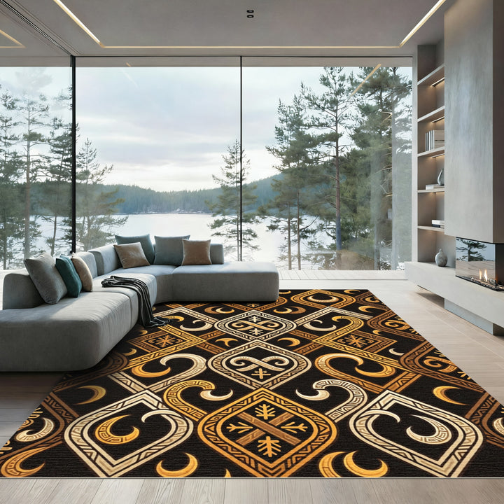 Tribal Black Gold Ram Crescent Rug