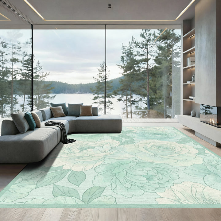 Soft Mint Floral Peony Rose Art Rug
