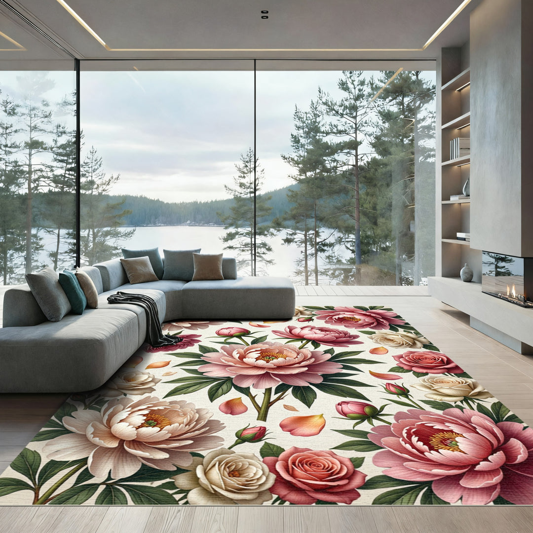 Blush Pink Peony Rose Garden Rug