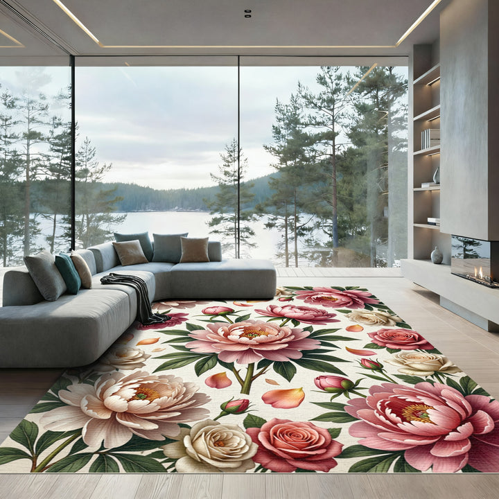 Blush Pink Peony Rose Garden Rug