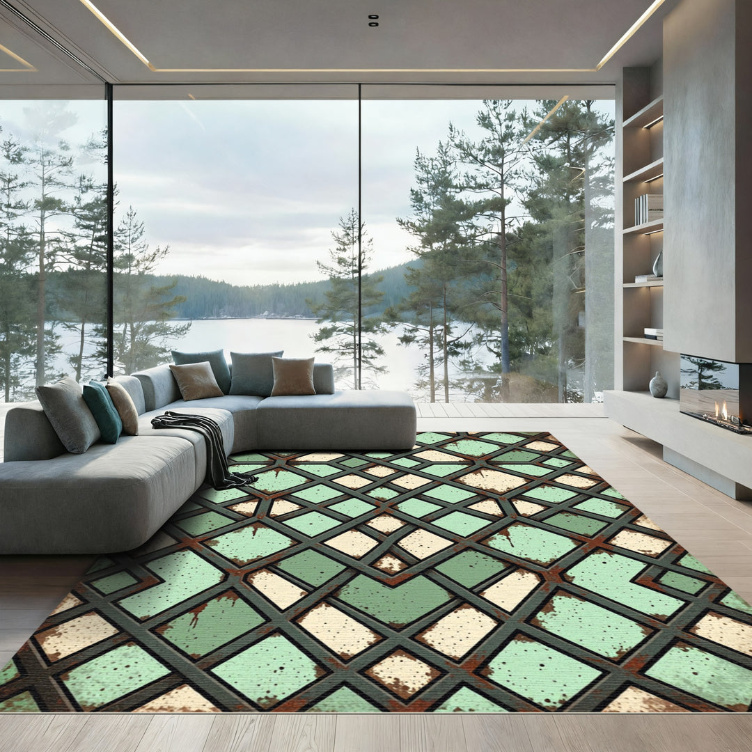 Distressed Teal Diamond Lattice Rug
