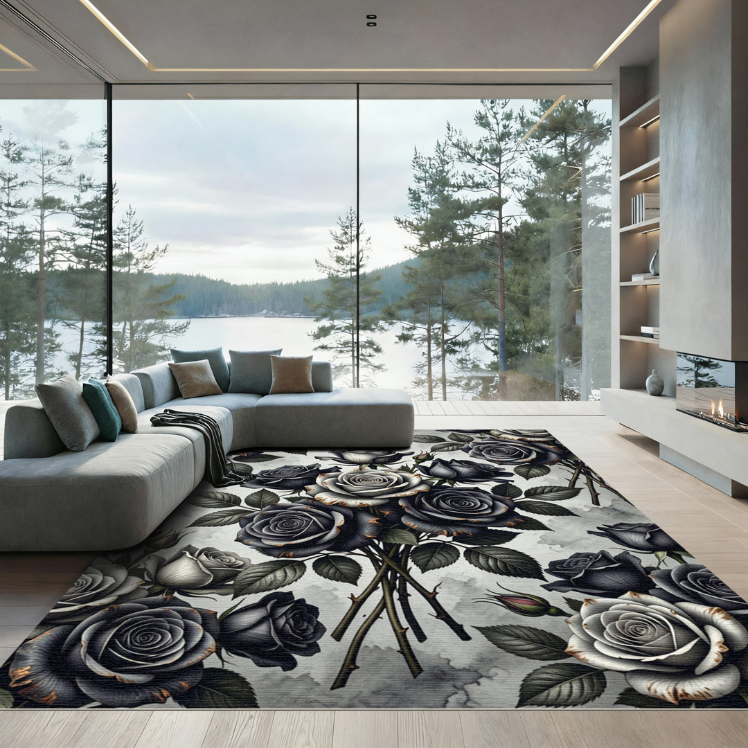 Monochromatic Black Rose Bouquet Arrangement Rug