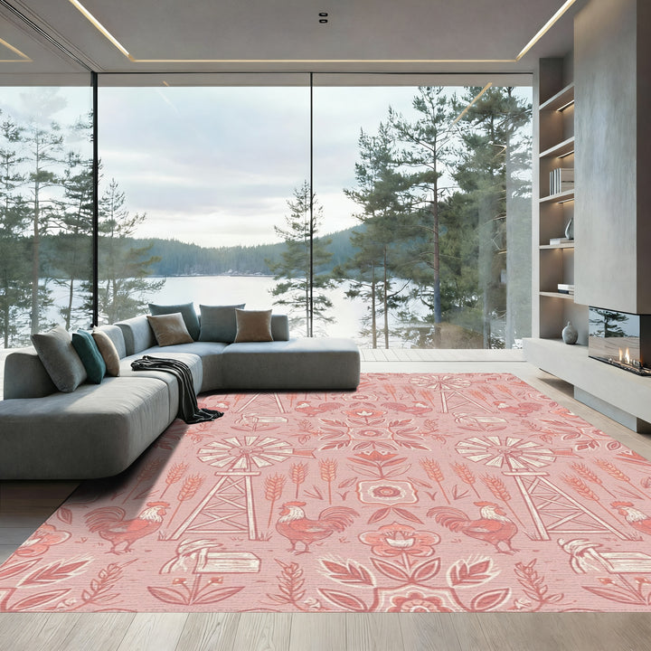 Farmhouse Pink Rooster Windmill Floral Rug