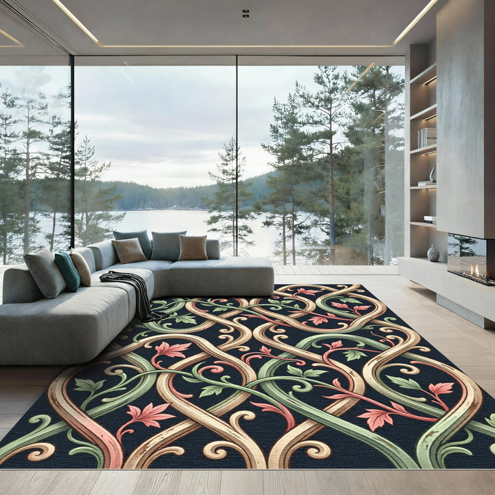 Intertwined Green Pink Floral Scroll Rug