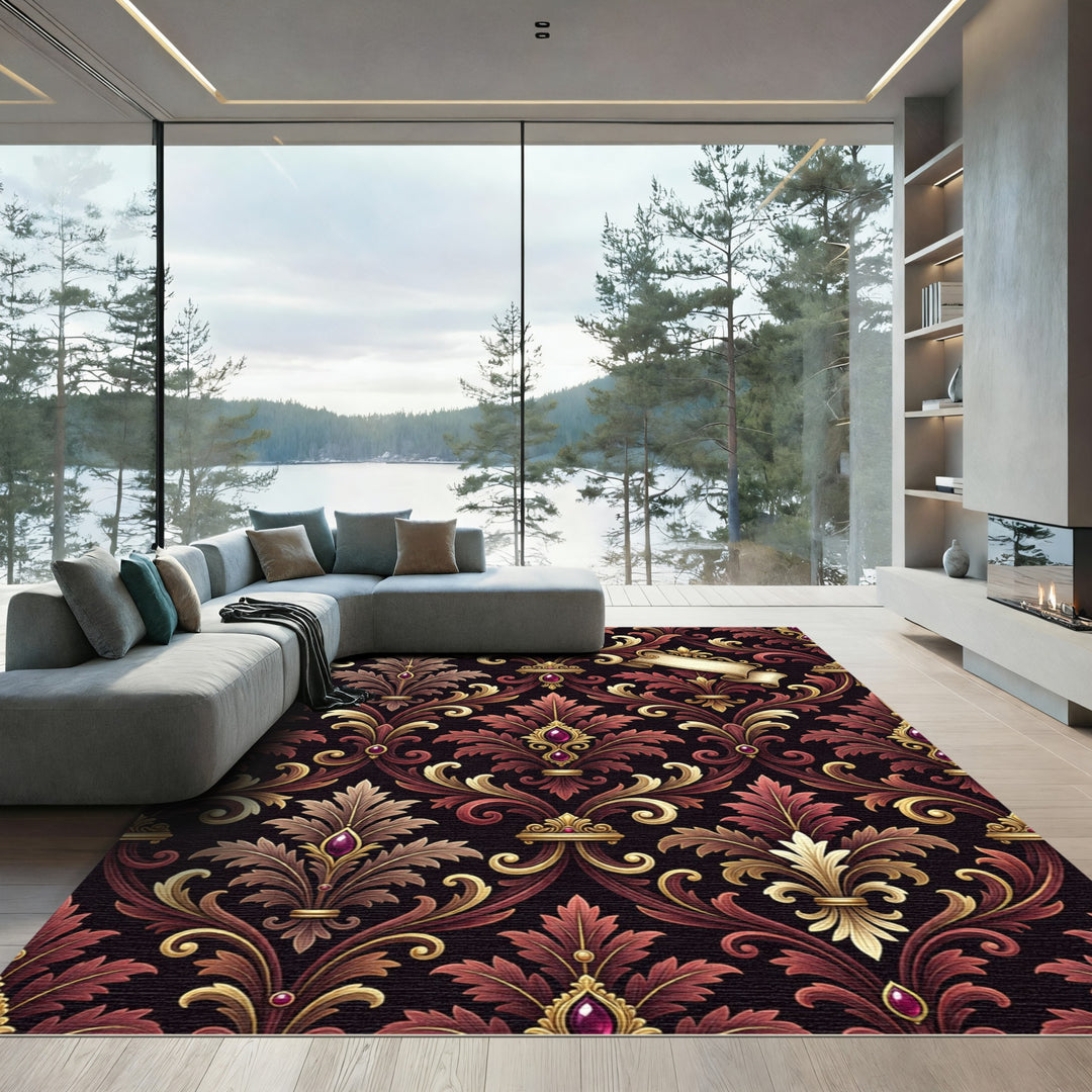 Regal Burgundy Gold Damask Fleur-de-lis Rug