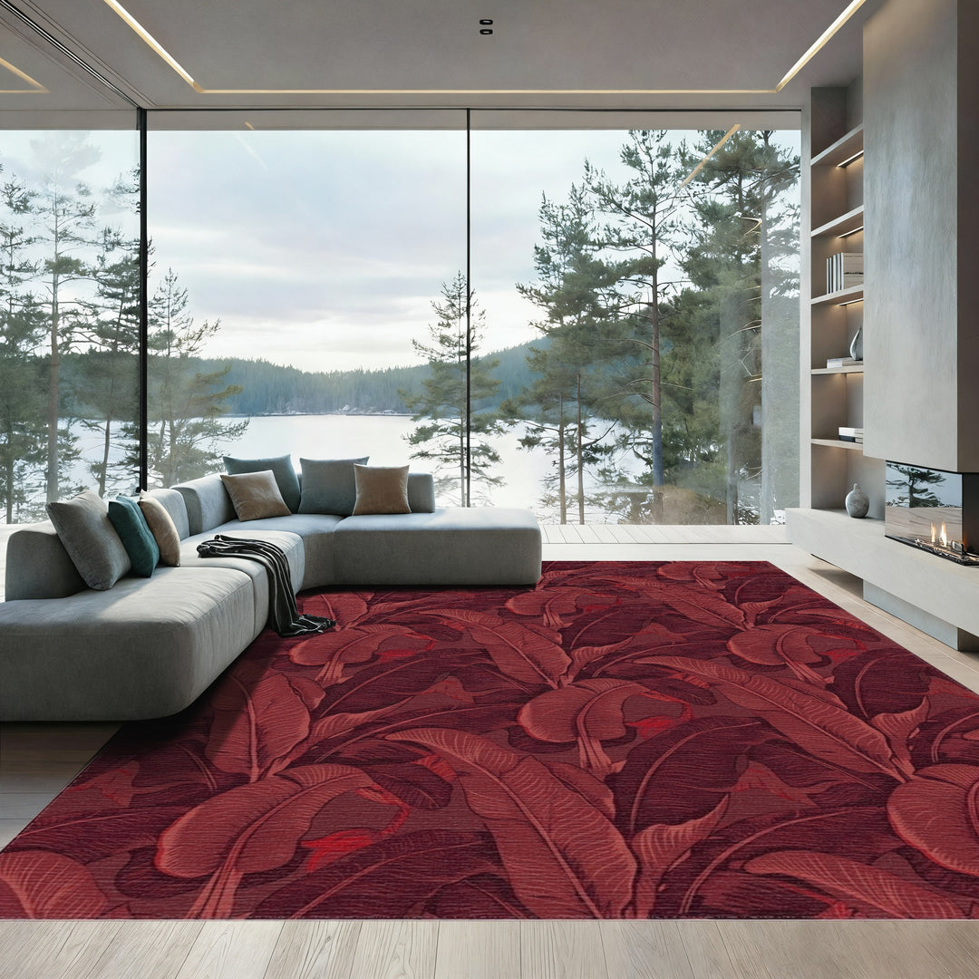 Deep Red Tropical Leaf Arrangement Rug