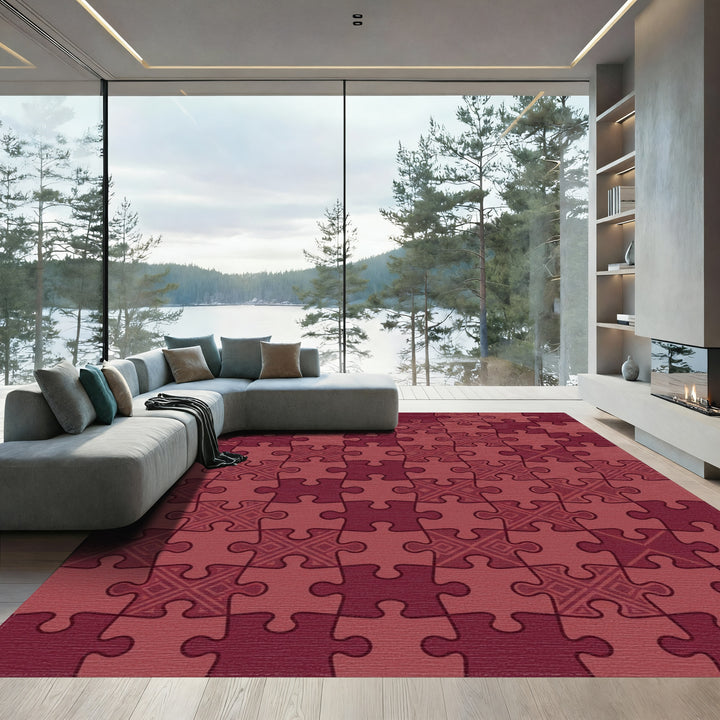 Crimson Jigsaw Puzzle Geometric Rug
