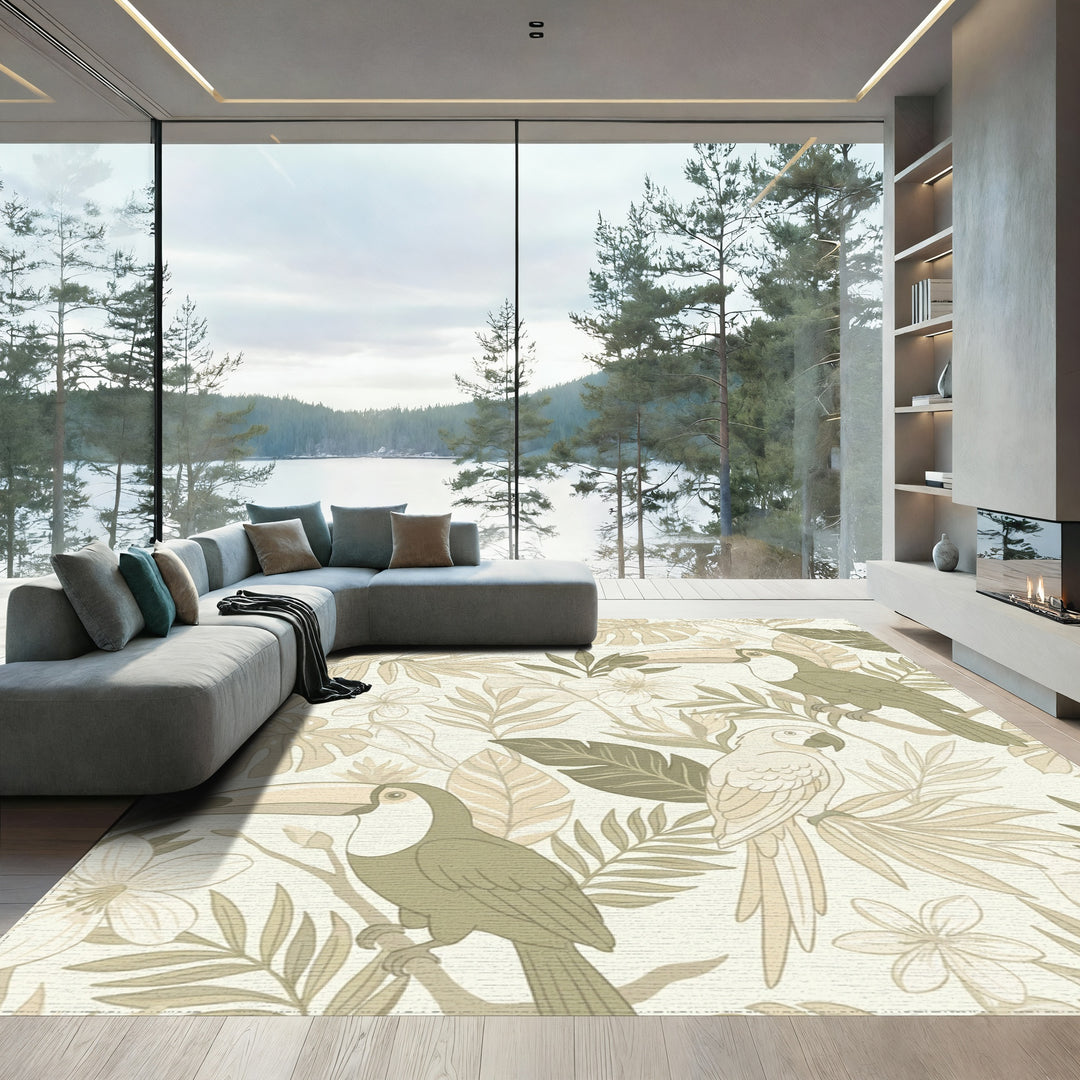 Toucans Parrots Tropical Foliage Beige Rug