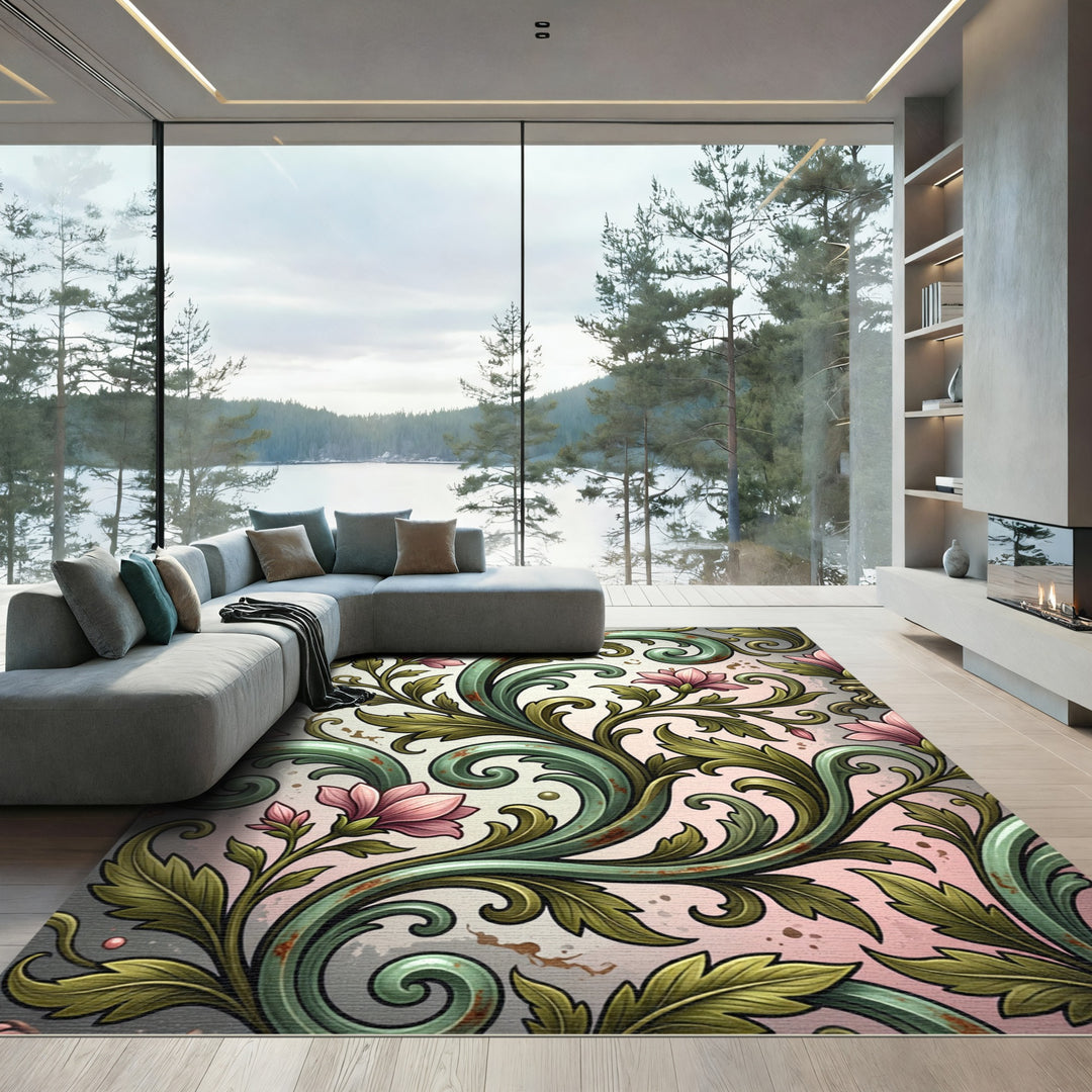 Elegant Green Floral Swirl Rug