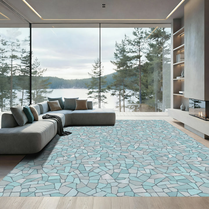 Cool Blue Cracked Stone Mosaic Rug