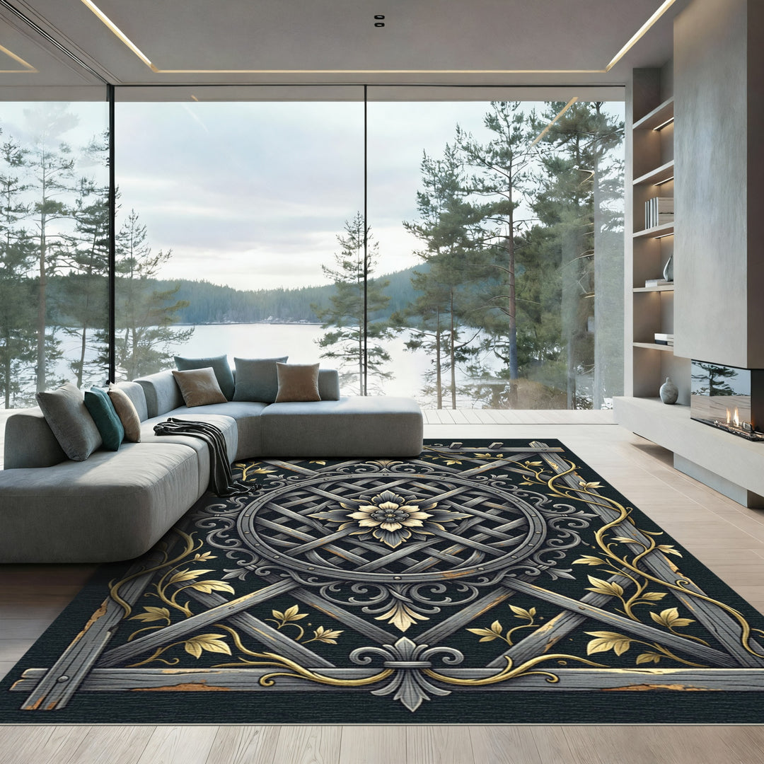 Ornate Grey Gold Floral Lattice Rug