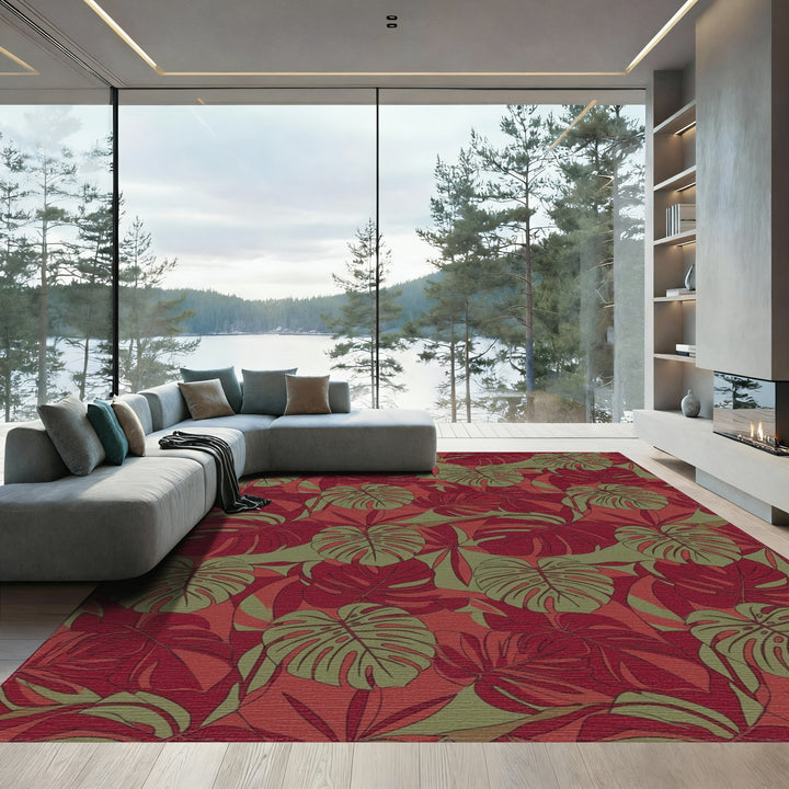 Rich Crimson Tropical Monstera Leaves Rug