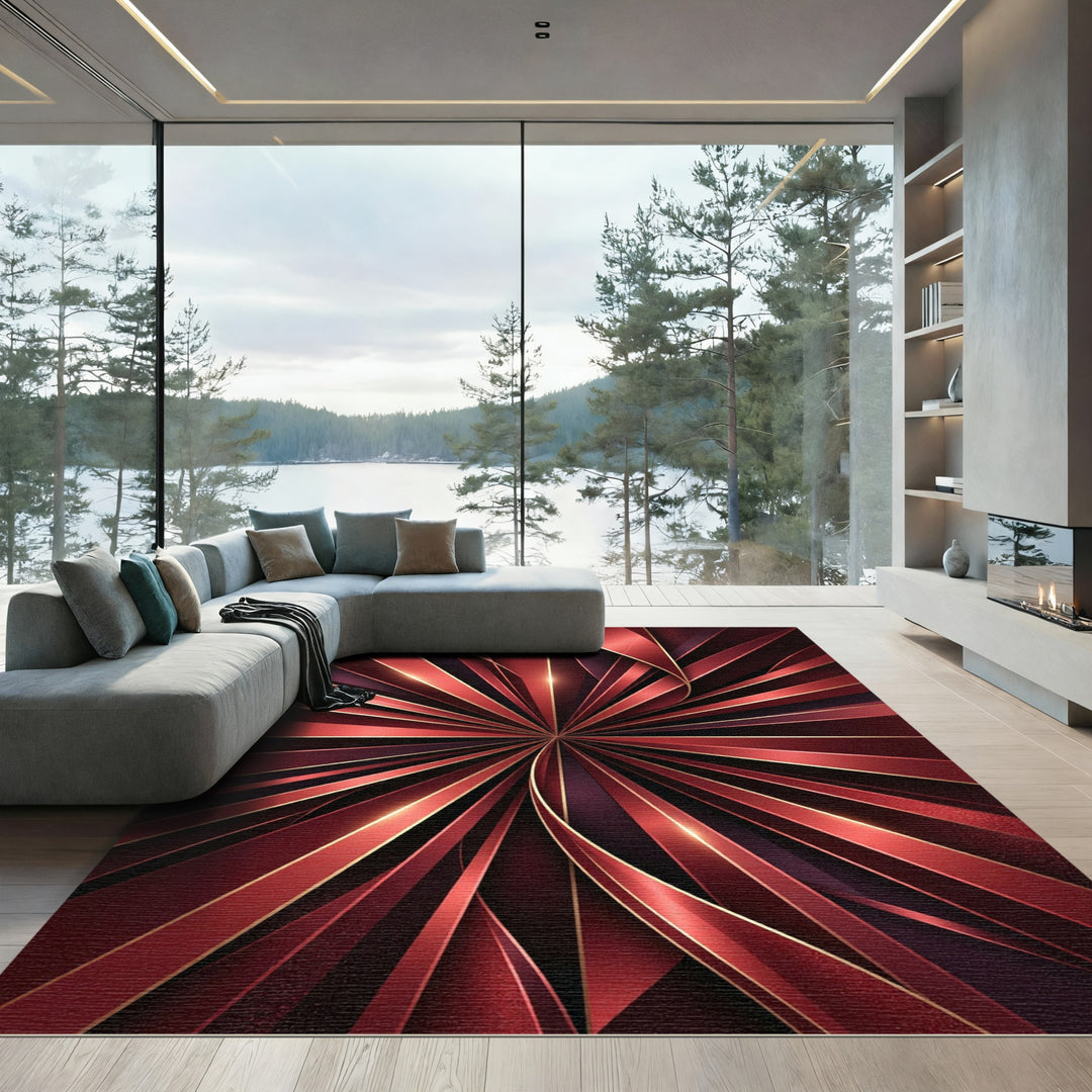 Radiant Crimson Sunburst Geometric Rug