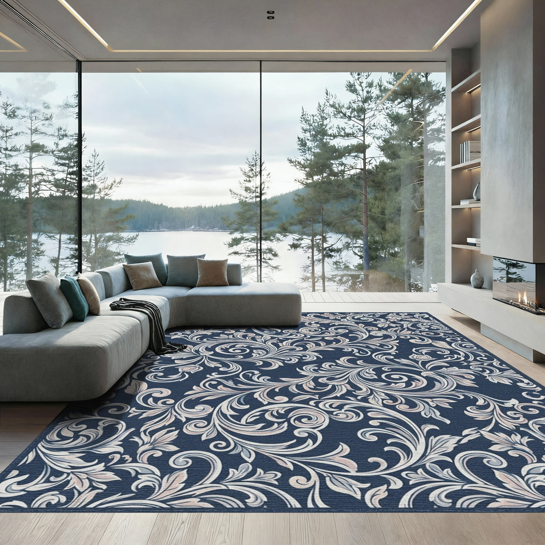 Dark Blue Scrollwork Floral Tapestry Rug
