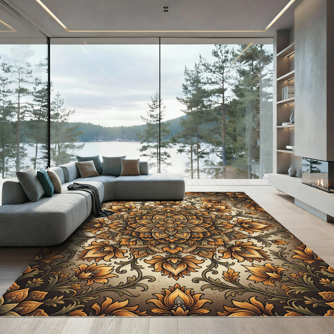 Golden Floral Mandala Elaborate Rug