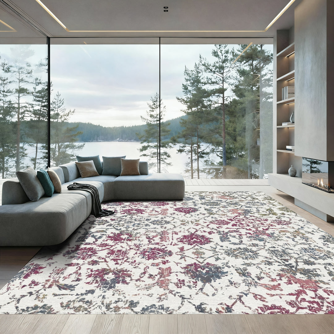 Distressed Purple Floral Scrollwork Rug