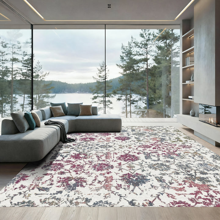 Distressed Purple Floral Scrollwork Rug