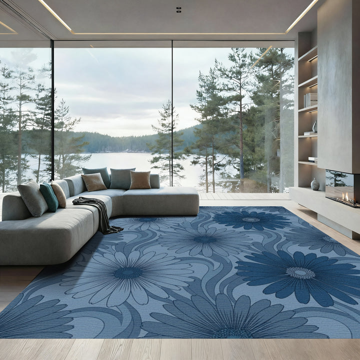 Dark Blue Floral Swirl Art Nouveau Rug