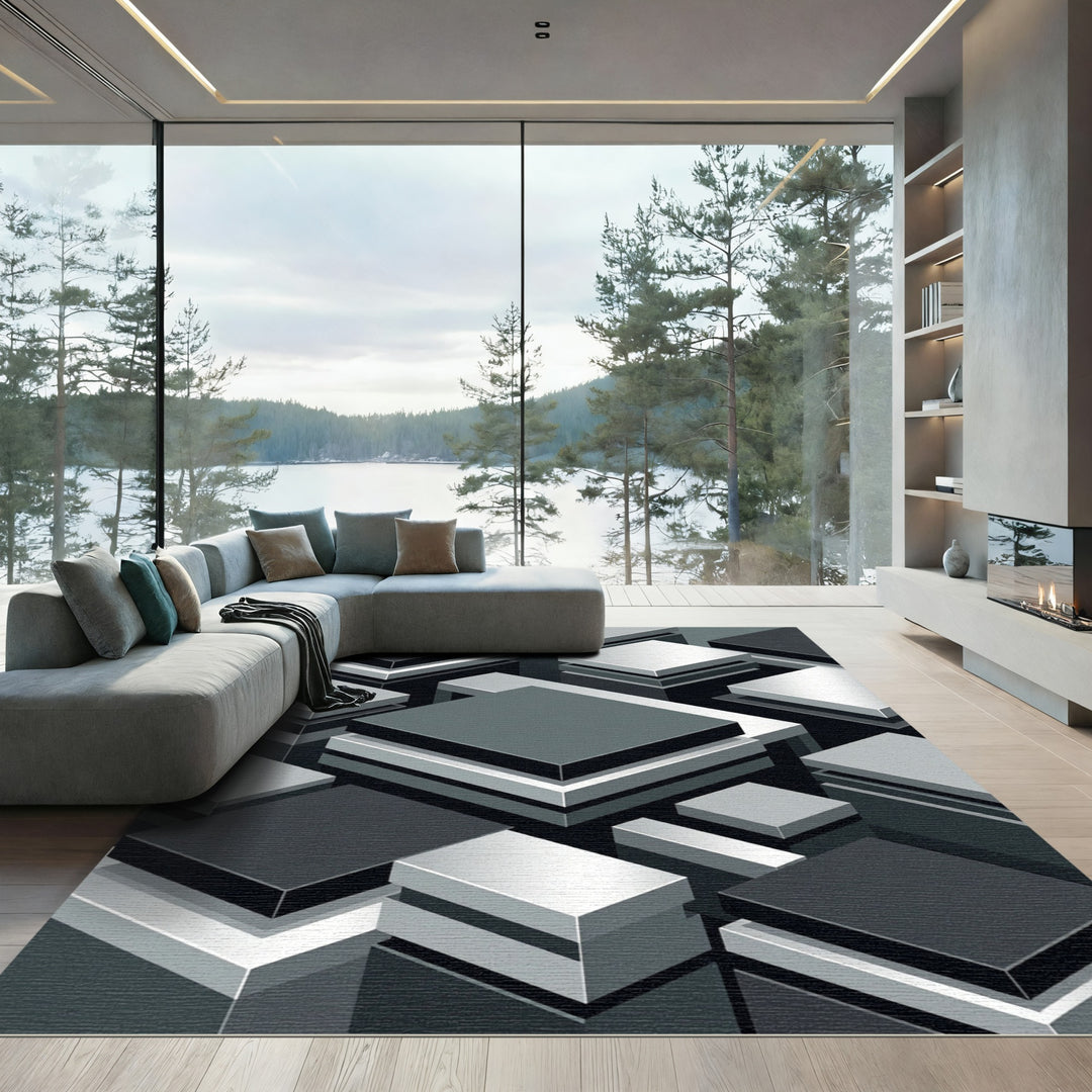 Monochrome Geometric Stacked Layers Rug