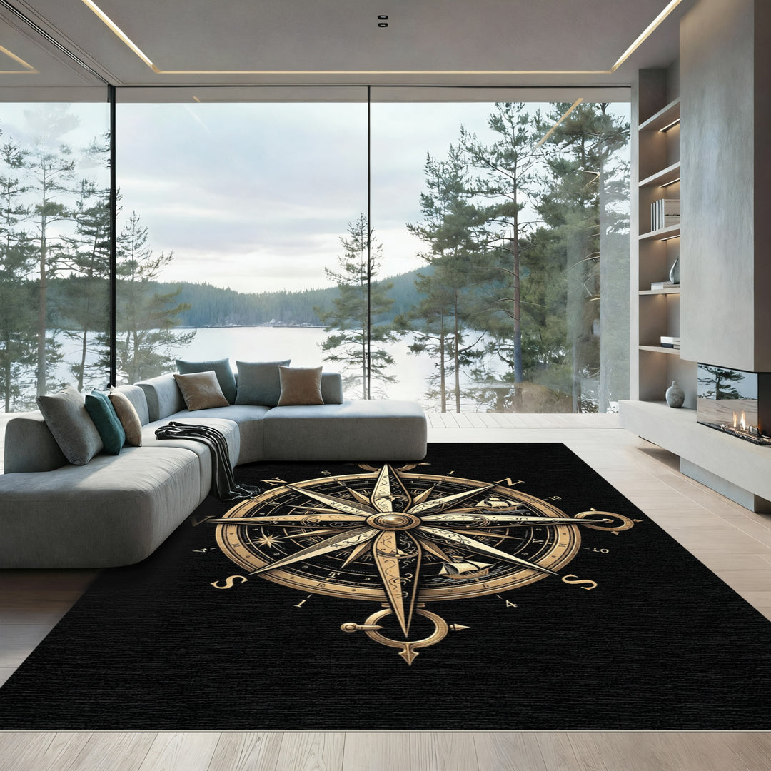 Antique Golden Nautical Compass Rug