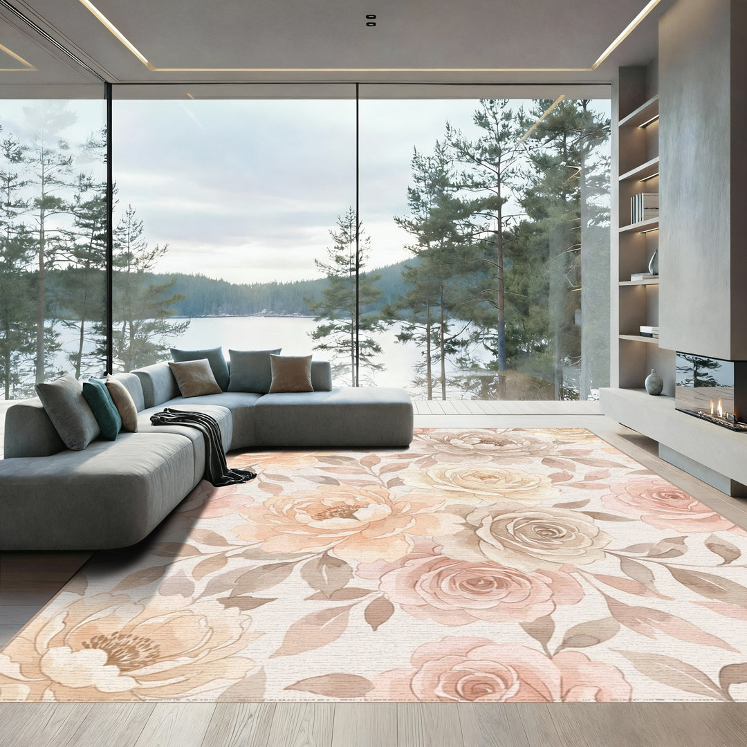 Soft Peach Mauve Floral Cluster Rug