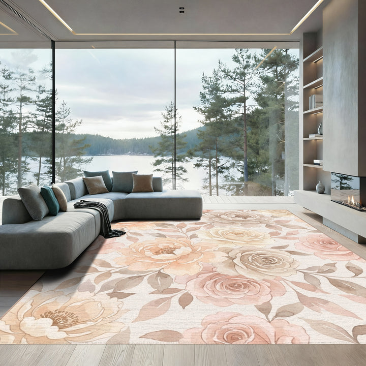 Soft Peach Mauve Floral Cluster Rug
