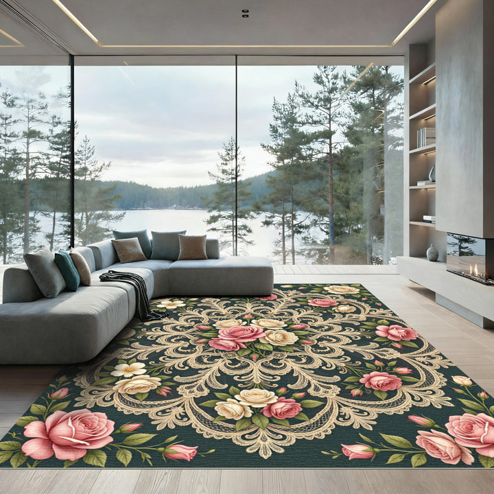 Elegant Pink Rose Lace Mandala Rug