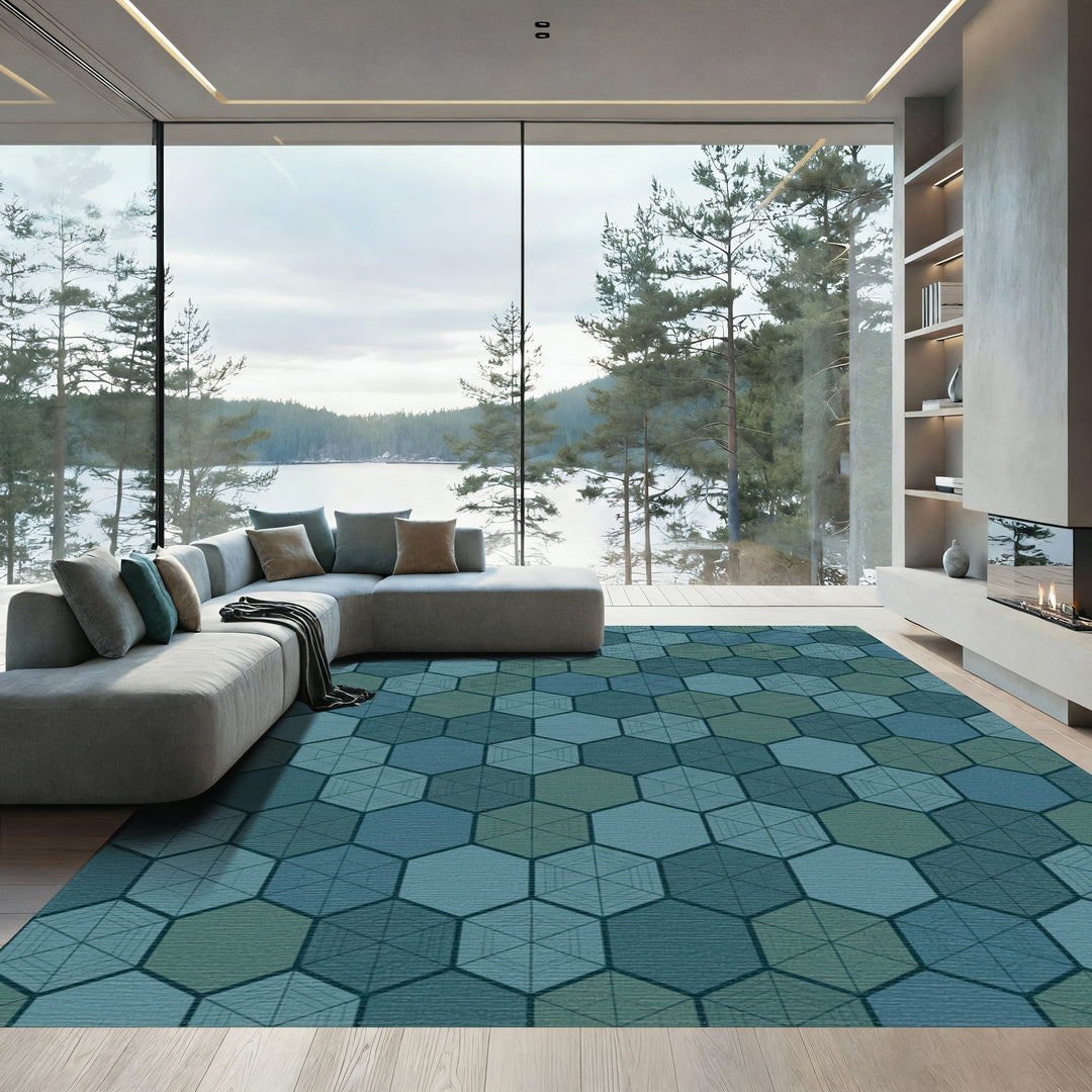 Earthy Blue Hexagonal Tessellation Rug