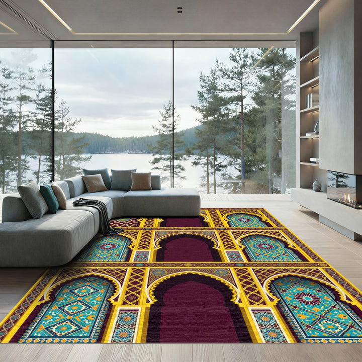 Ornate Gold Arched Turquoise Geometric Rug