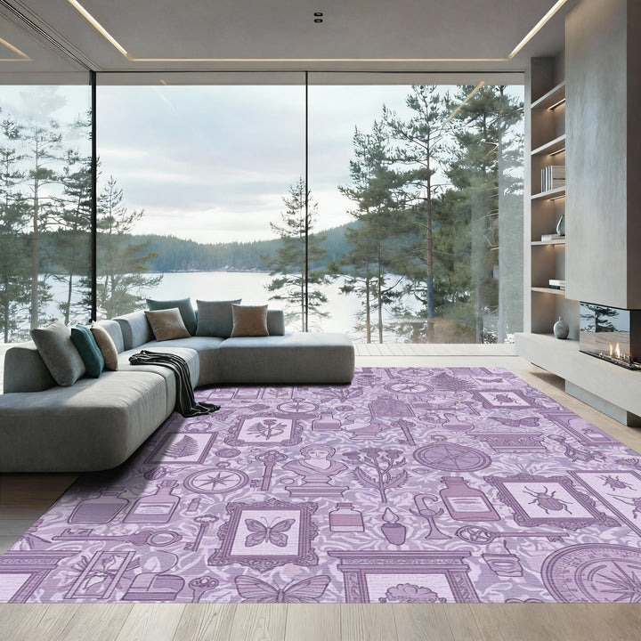 Whimsical Violet Botanical Curiosity Collage Rug