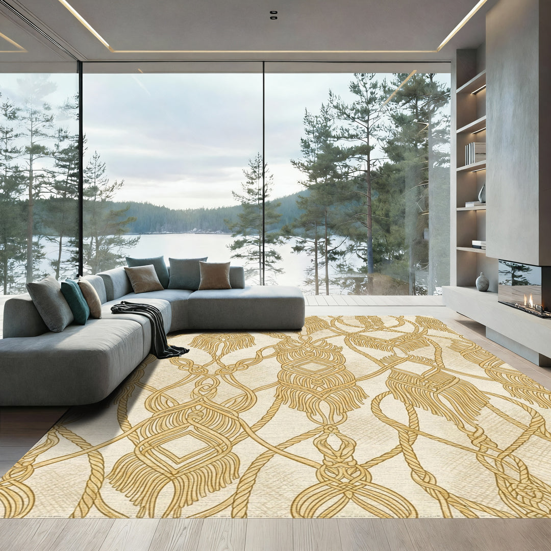 Golden Macrame Knot Scroll Rug