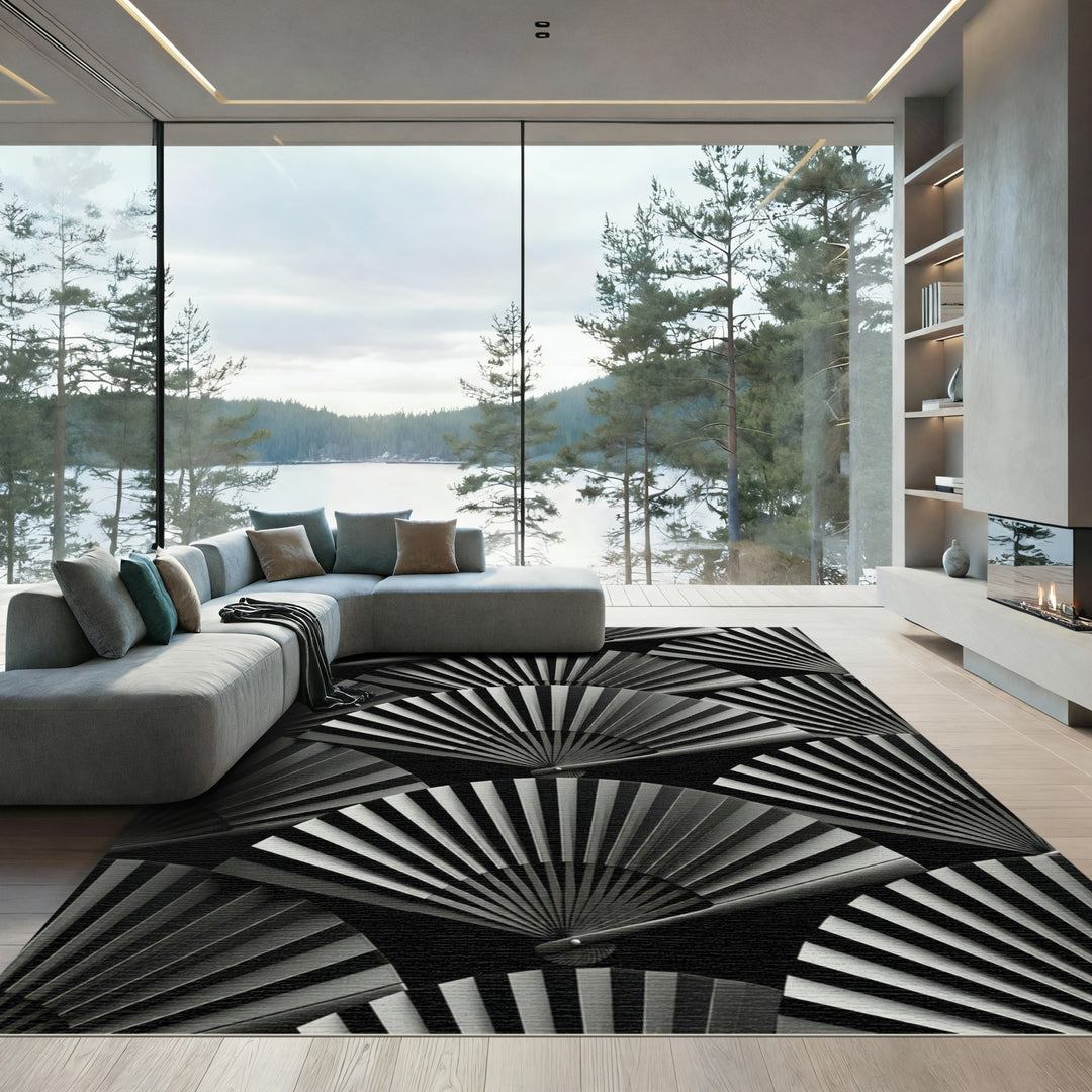 Elegant Black Silver Fan Array Rug