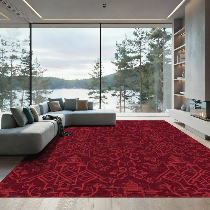 Deep Red Dragon Temple Lattice Rug