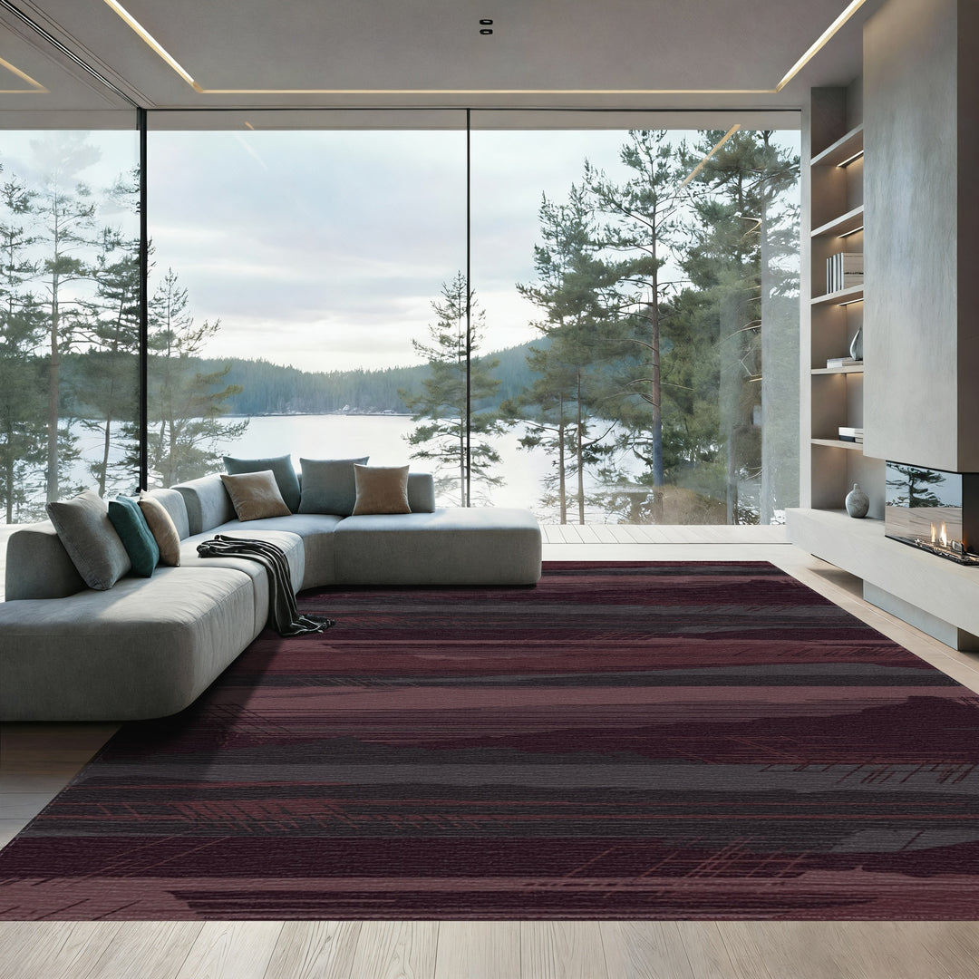 Crimson Slate Abstract Landscape Stripes Rug