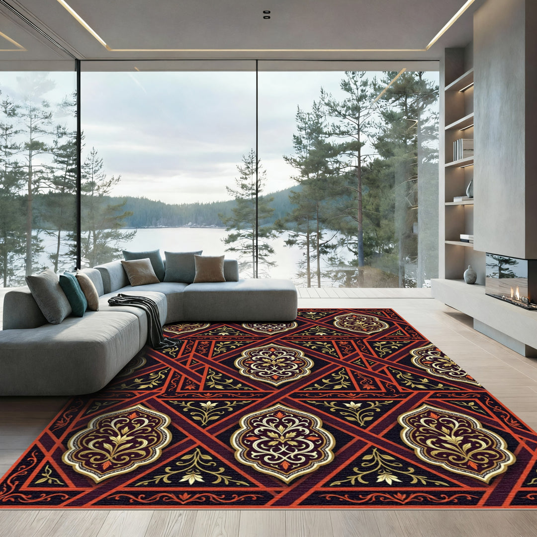 Luxury Gold Red Geometric Floral Rug