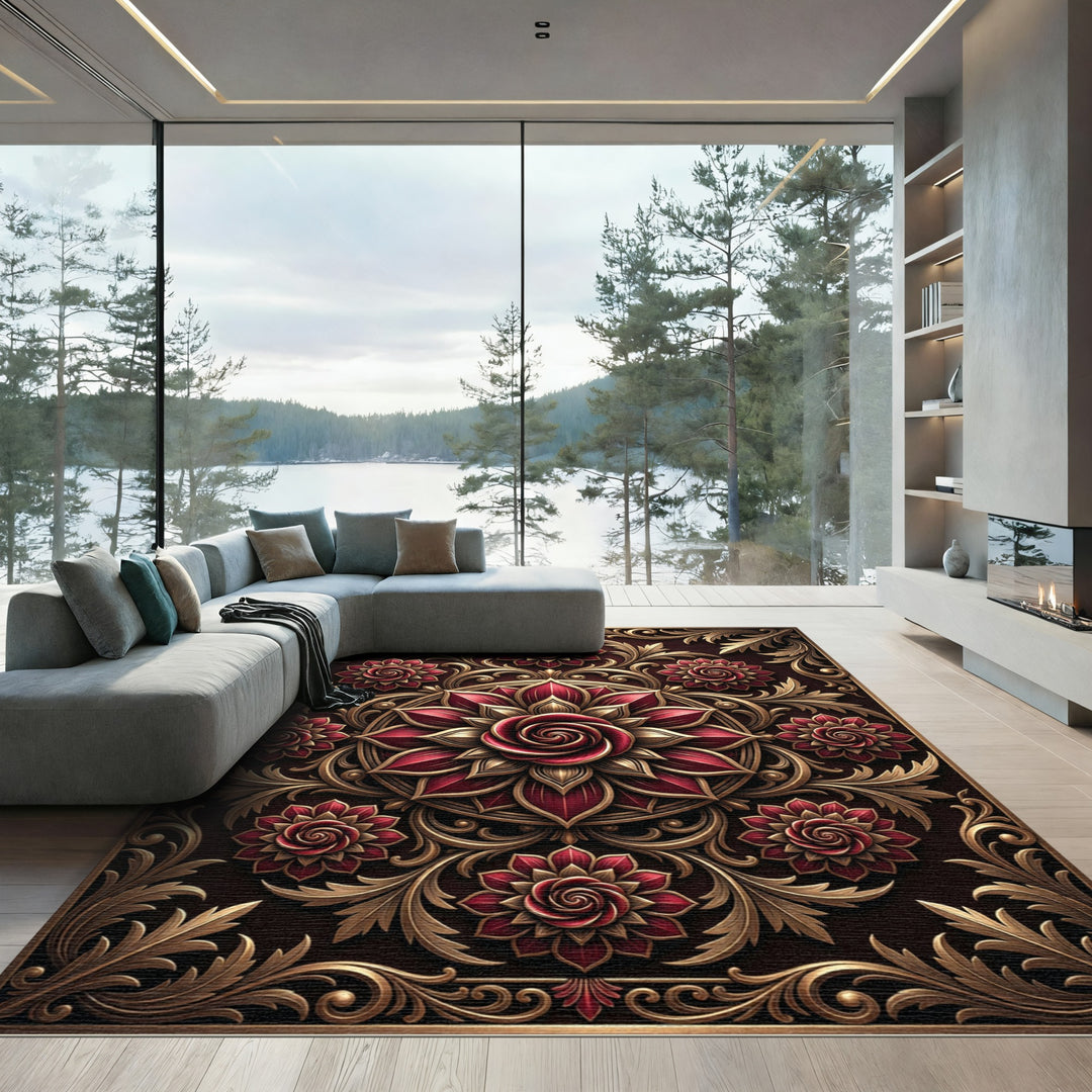 Crimson Rococo Blossom Scrollwork Rug