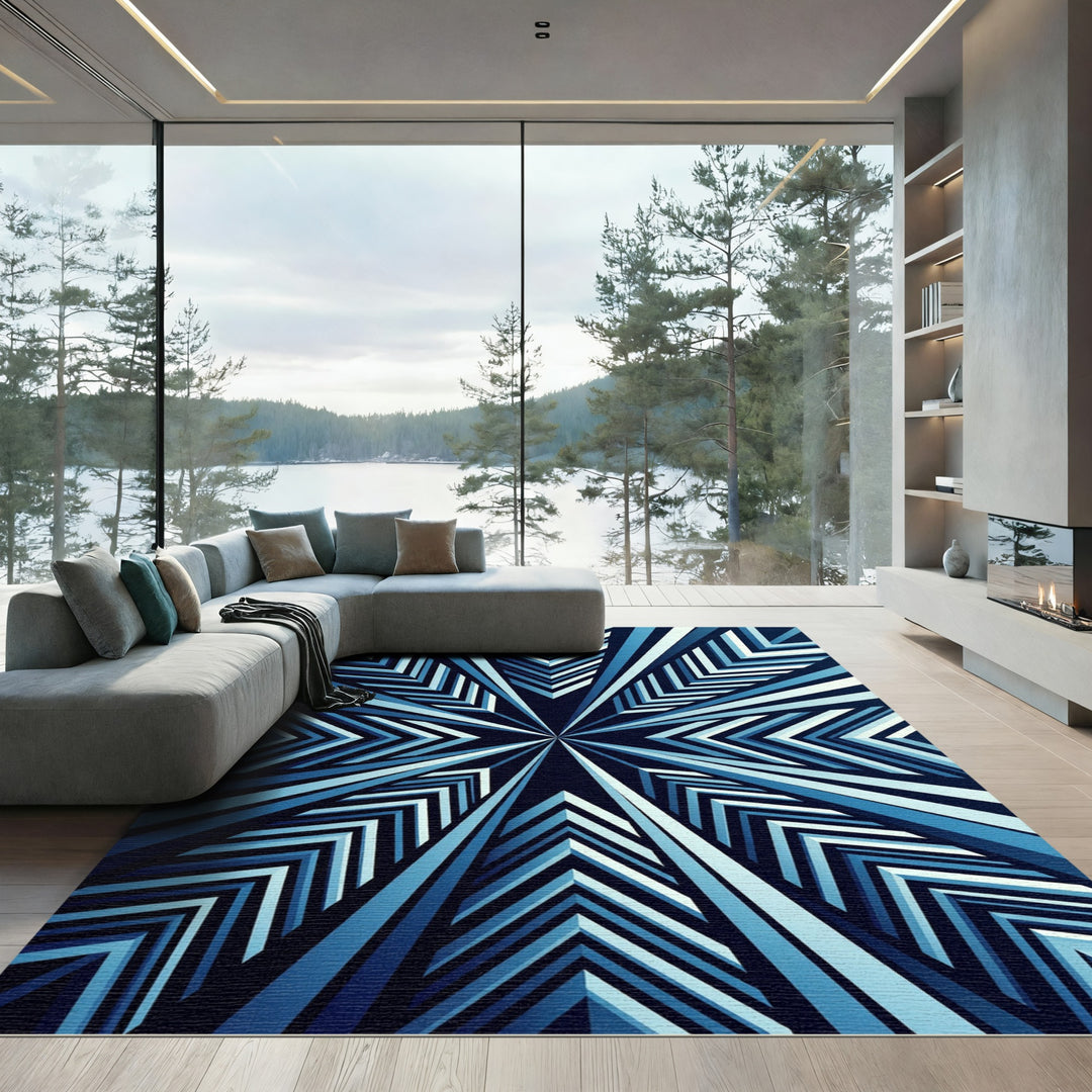 Deep Blue Radial Chevron Rug
