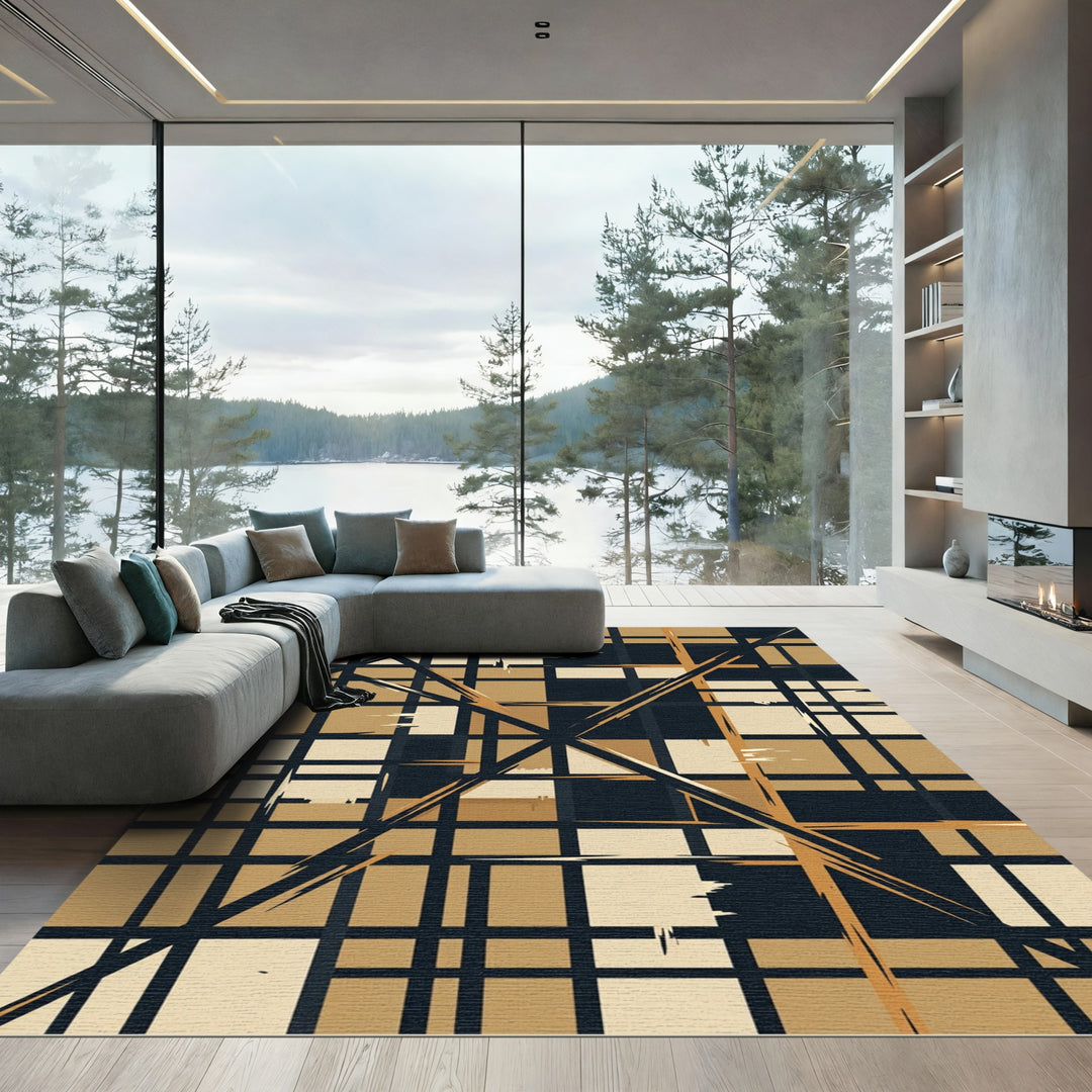 Golden Brown Abstract Grid Design Rug
