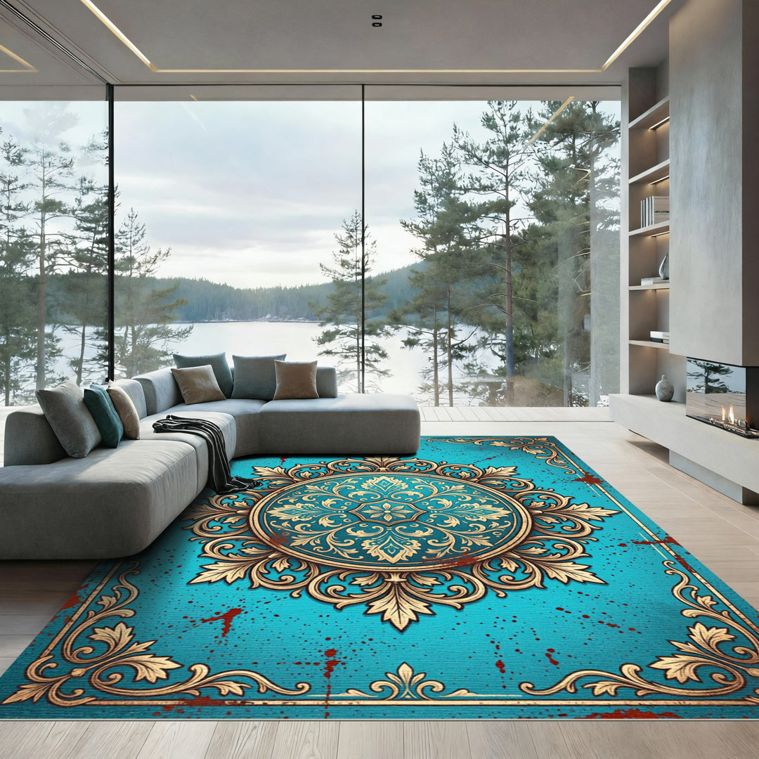 Ornate Teal Gold Acanthus Medallion Rug