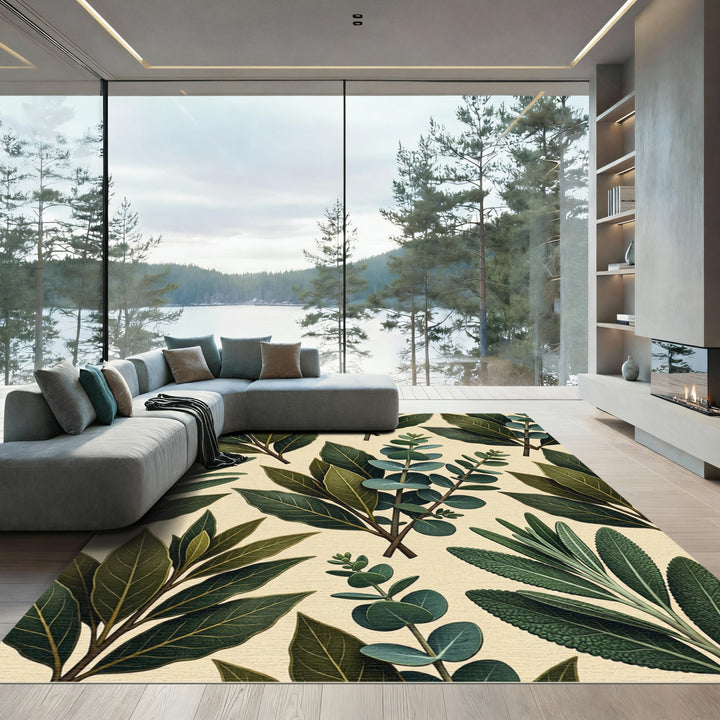 Dark Green Botanical Herb Arrangement Rug