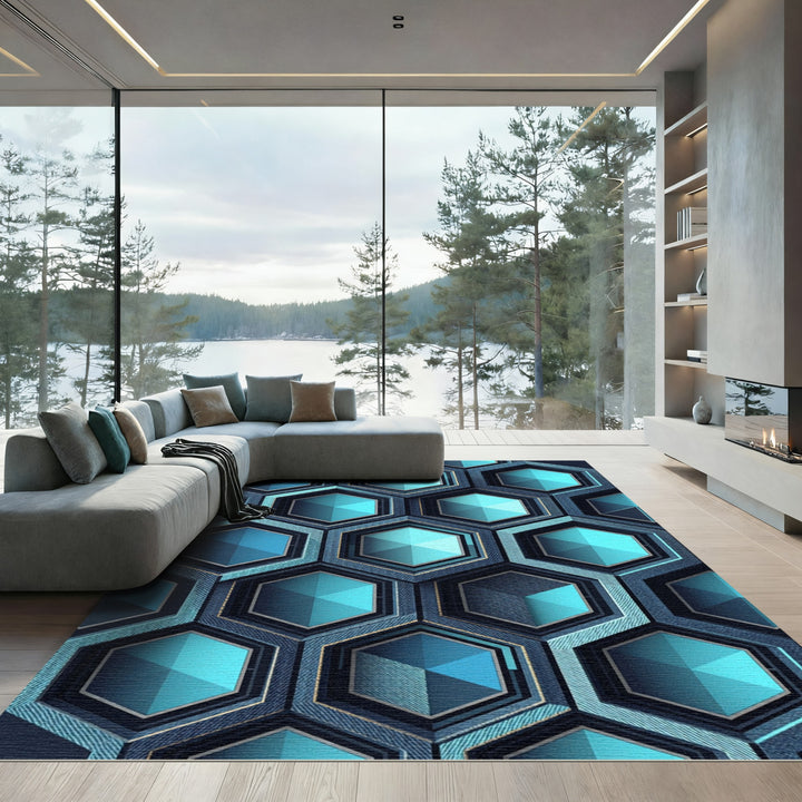Deep Blue Geometric Hexagon Grid Rug