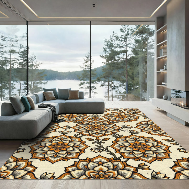 Orange Cream Blossom Mandala Rug