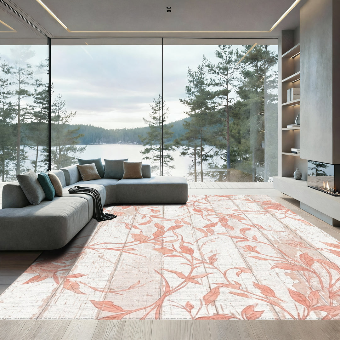 Coral Vine Scroll on Distressed Wood Rug