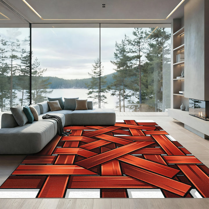 Rich Red Woven Plank Texture Rug